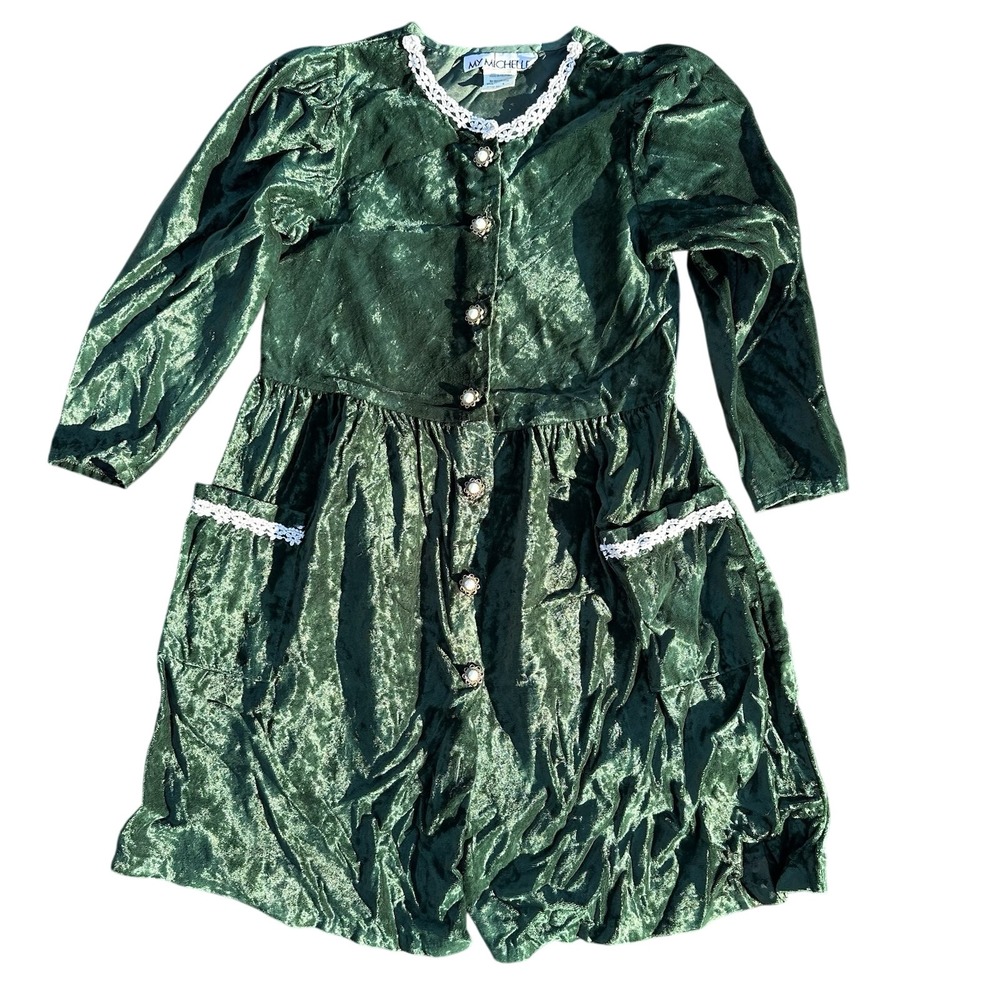 MyMichelle Vtg Girls 5 Green Velvet Dress Christmas Holiday Dress Long Sleeve